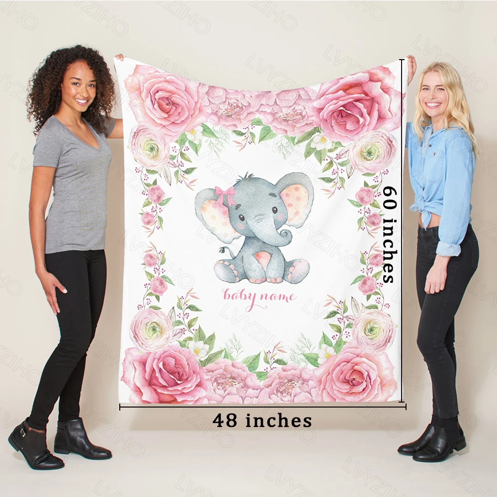 Fleece Blanket Baby Blanket Name Chic Flower Elephant Baby Girl / Boy Blanket-30x40/48x60/60x80 Inches-Flannel Fleece Blanket
