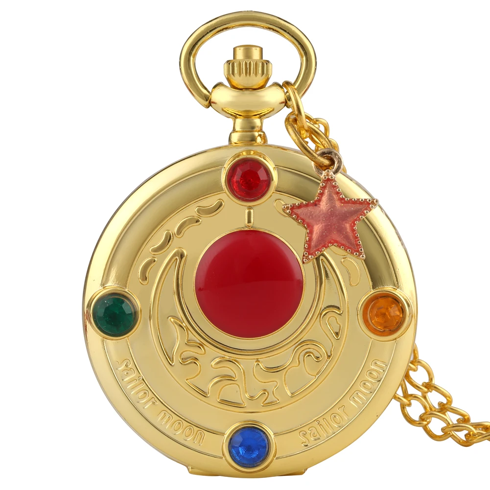 Attractive Sailor Moon Dial Clock for Female Red Star Pendant Pocket Watch Slim Chain Necklace for 5