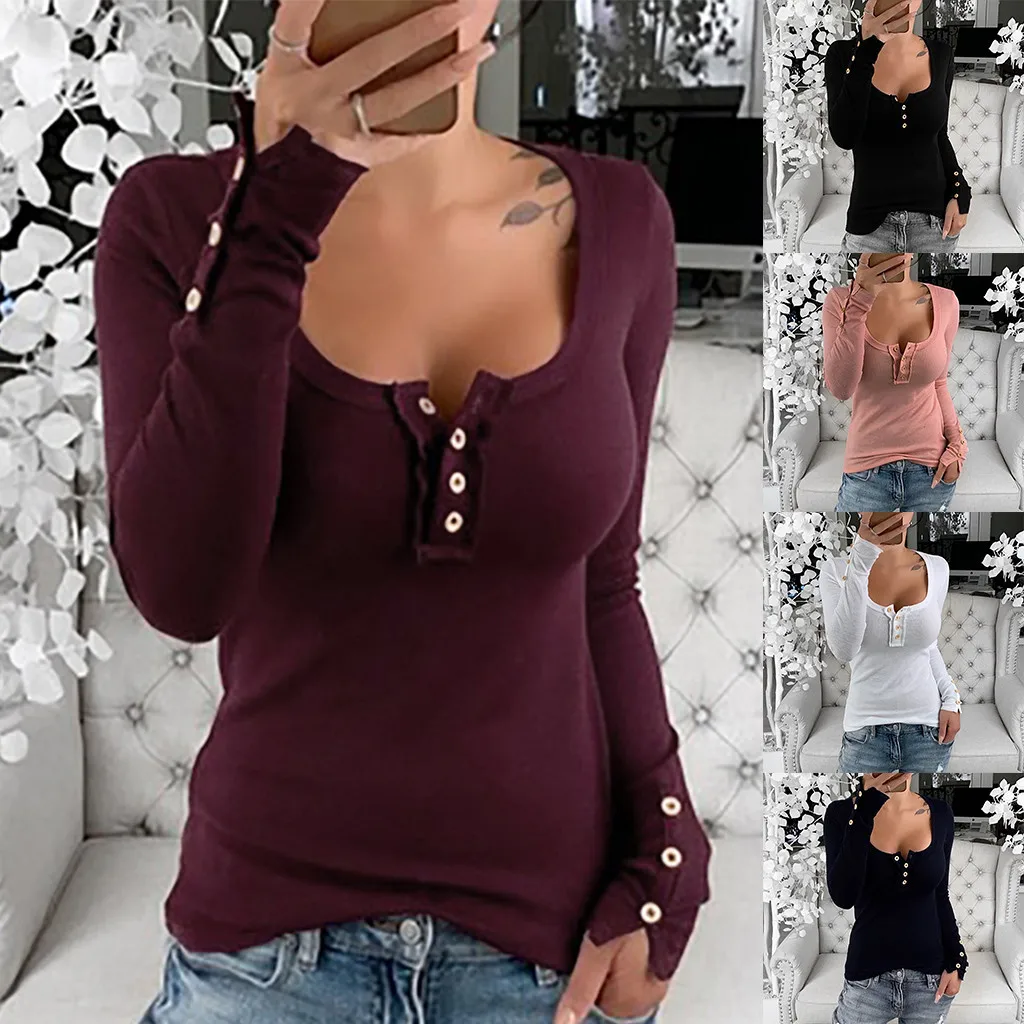 Женский сексуальный однотонный пуловер на пуговицах с длинным рукавом и круглым вырезом, топы, рубашки размера плюс, женские зимние рубашки, блузка Femme#5s