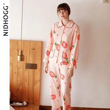 

Sweet and Lovely Pineapple Printing Pajamas Autumn Knitted Cotton Cardigan Womens Pajama Set Long Sleeve Turn-down Collar Pj Set