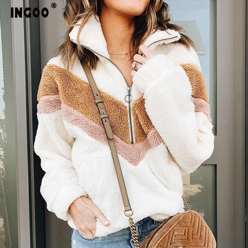  INGOO 2019 Fleece Plus Size Hoodies Women Oversized Patchwork Zip Casual Faux Fur Female Winter Swe