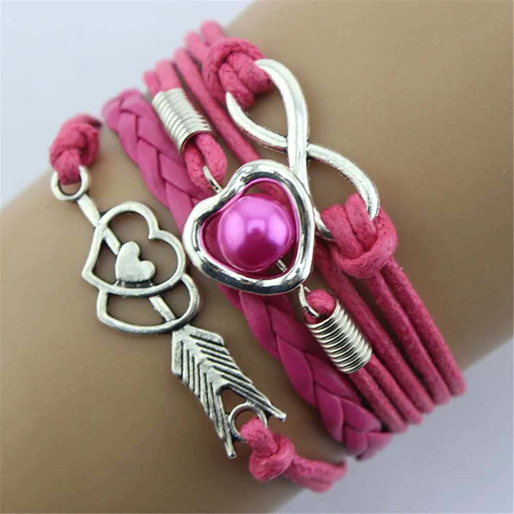 Женский многослойный браслет Infinity Cupid Love Heart Wings очаровательный кожаная цепочка