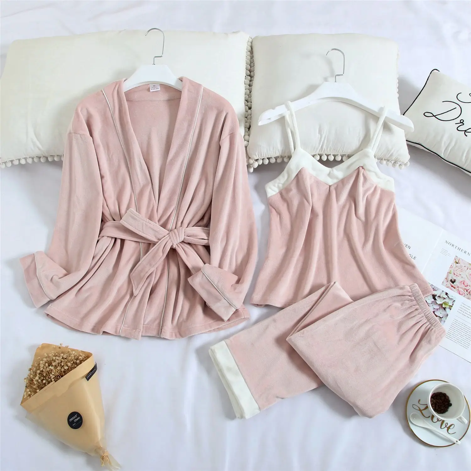 

MECHCITIZ 3 pieces sexy pajamas women autumn winter pyjamas sets velvet robe sleepwear femme warm pijama homewear lingerie pants