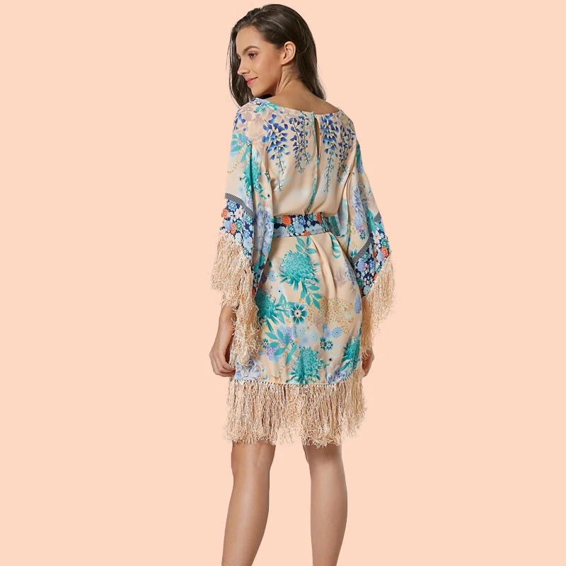 Богемное женское платье, элегантное, Vestidos, с кисточками, Прошитое,, модное, с принтом, мини, лето, Осень, пляжная одежда, женское платье