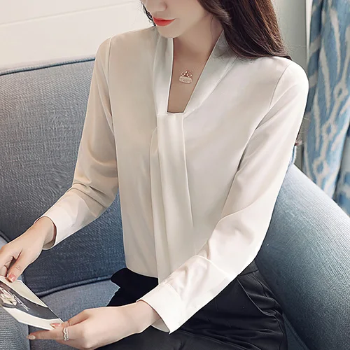 Blusas mujer de moda Осенняя шифоновая блуза рубашка элегантная тонкая однотонная женская рубашка больших размеров blusas - Цвет: Белый