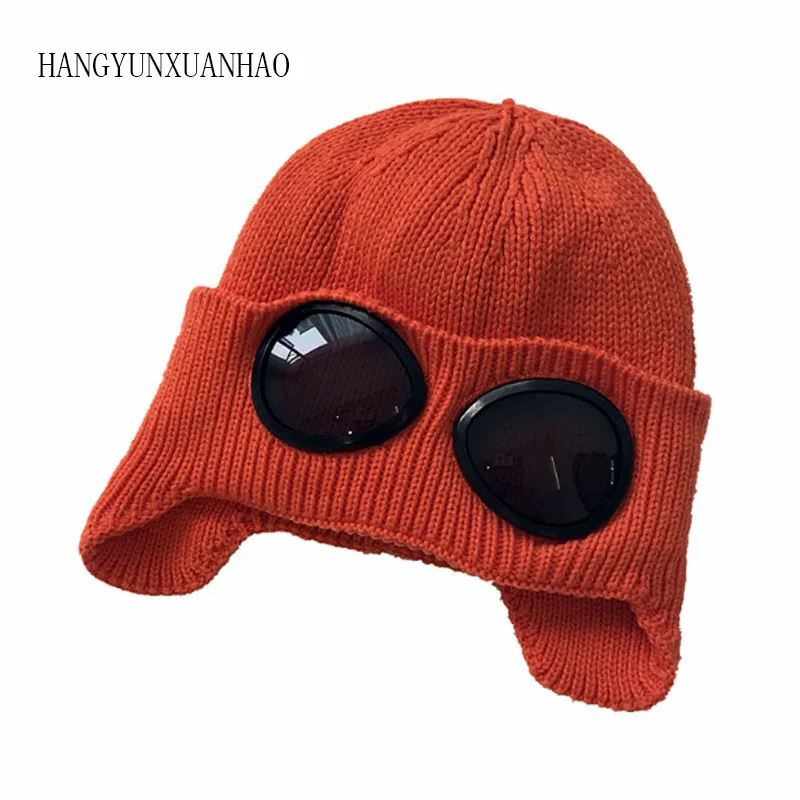 Fashion Cool Cashmere Knitted Hat With Sunglasses Female Winter Sports Cap Protect Neck Warm Outdoor Skiing Cap