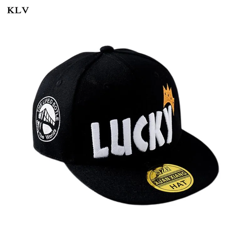 Детская бейсбольная кепка с вышитой короной и надписью «Lucky», Кепка в стиле хип-хоп с широкими плоскими козырьками, Регулируемая Кепка от солнца, От 2 до 8 лет - Цвет: Black
