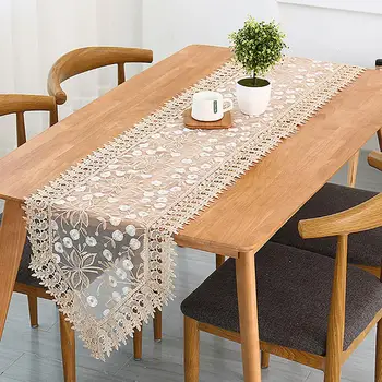 

Vintage High-end Luxury Dark Coffee Satin Drill Embroidered Cutout Flower Table Runner Table Flag Home Decoration Hotel Decor