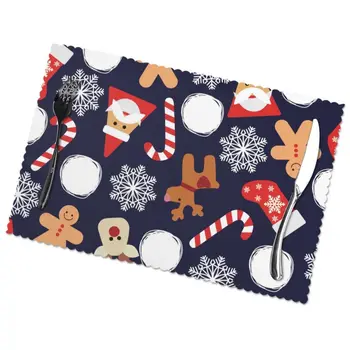 

Set of 6 Happy New Year And Christmas Day Icons Placemats for Dining Table Place Mat in Kitchen Accessories Cup Wine Mat