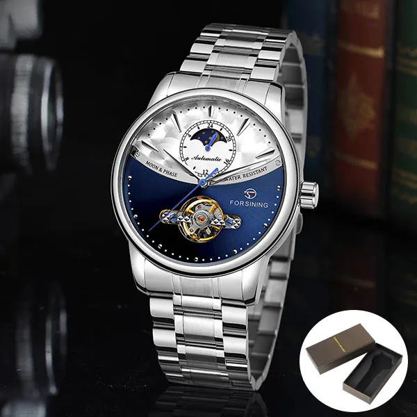 SilverBlueBox FORSINING Топ бренд класса люкс Мода Tourbillon Мужские часы механические Автоматические наручные часы для мужчин часы Relogio Masculino - Цвет: SilverBlueBox