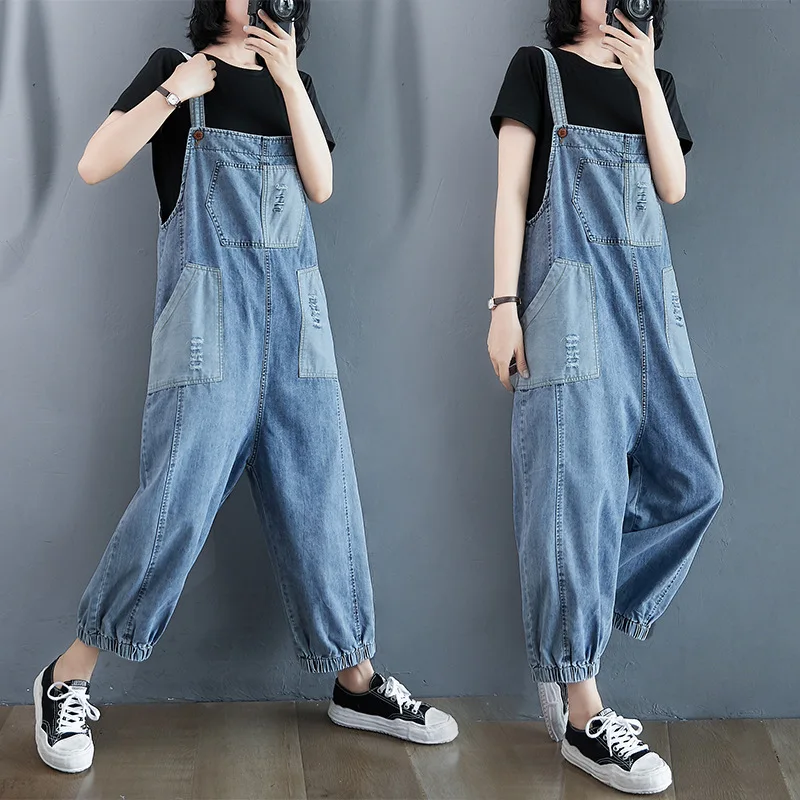 

Korean Style Plus Size Overall Jeans Women 2020 New Spring Autumn Strap Pocket Denim Wide Leg Pants Casual Jeans Jumpsuit