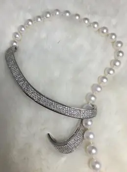 

Jewelry Pearl Set set of 9-10mm round white pearl necklace &earring Free Shipping