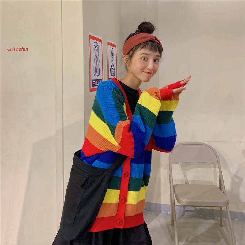 Фотосессия фабричная цена Управление 3 Hyuna c бантом в полоску цветастой радуги для детей с v-образным вырезом пуловер вязаный свитер-кардиган