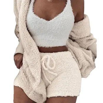 

Comfortable To Wear Wearable Machine Washable Winter Plush Casual Sportswear Plain Long Sleeve Crop Top Shirt Shorts Suit