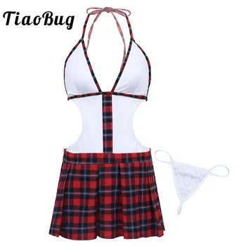 

TiaoBug Women Naughty School Girl Role Play Sexy Costumes Self-tie Halter Scottish Plaid Mini Dress with G-string Lingerie Set