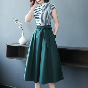 

CBAFU summer 2 piece set women striped sleeveless shirt bow midi skirt set a-line skirt suit casual women set office suit P874