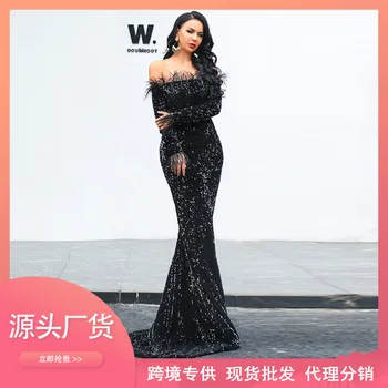 

Women New arrival 2019 Sexy Off Shoulder Feather Long Sleeve Sequin floor length Evening Maxi Reflective Dress Vestdios