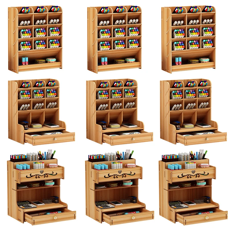 Wood Pencil Case Hollow Out Boxes Desktop Stationery Storage Holder Organizer QK 