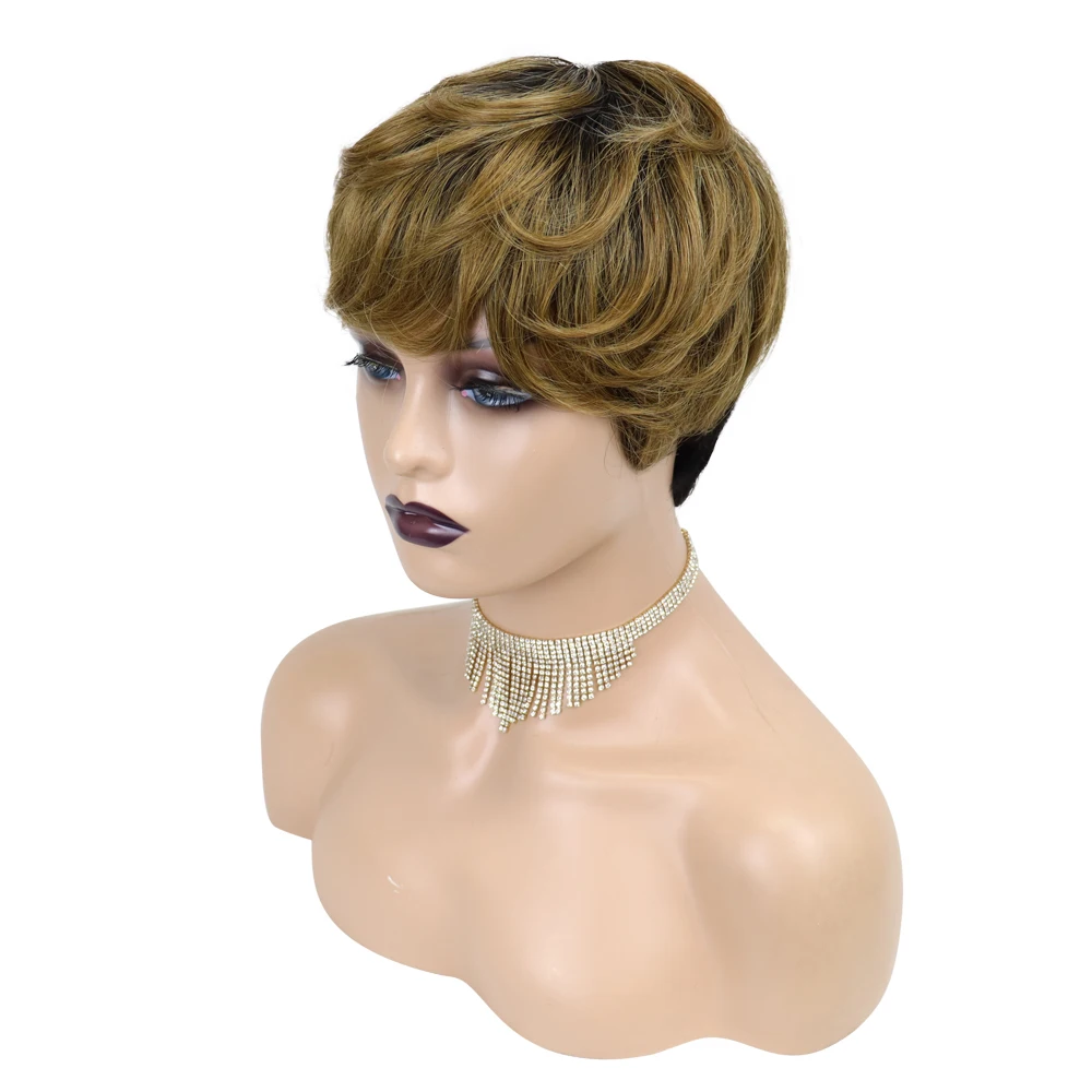 Perucas de Cabelo Brasileiro para Preto Humano Curto Pixie Corte Reto Remy Cabelo Máquina Feita Destaque Cor Barato Glueless Peruca 37 High Quality Apliques e perucas