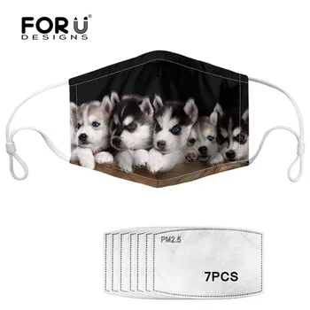 

FORUDESIGNS Cute Husky Dog Black Desiger Adult Face Mask 7pcs/lot Filter for Anti Haze/PM2.5 Dustproof Reusable Kids Mouth Masks