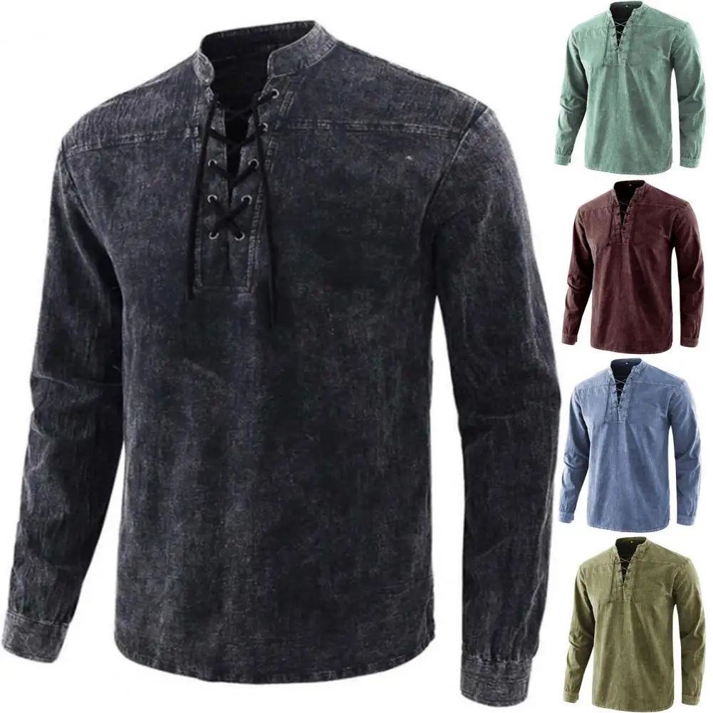 

Men Shirt Solid Color Lace Up Vintage 2022 Men Long Sleeve Pullover Shirts Male Casual Handsome Oxford Shirt S-3XL