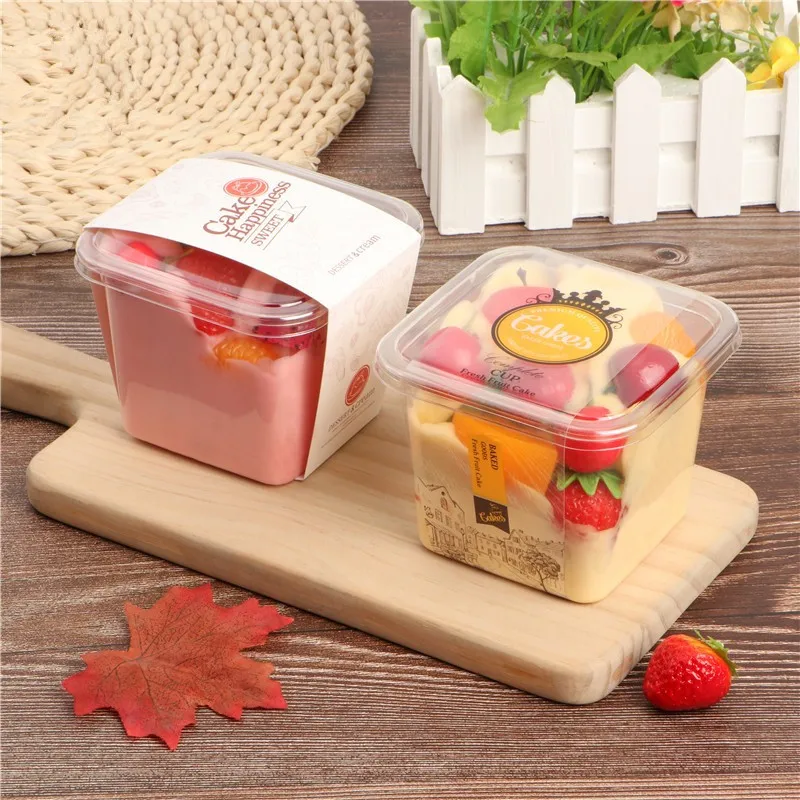 

100pcs 400ml cream fruit cake box PET transparent square disposable dessert pudding ice cream jelly plastic cups with cover