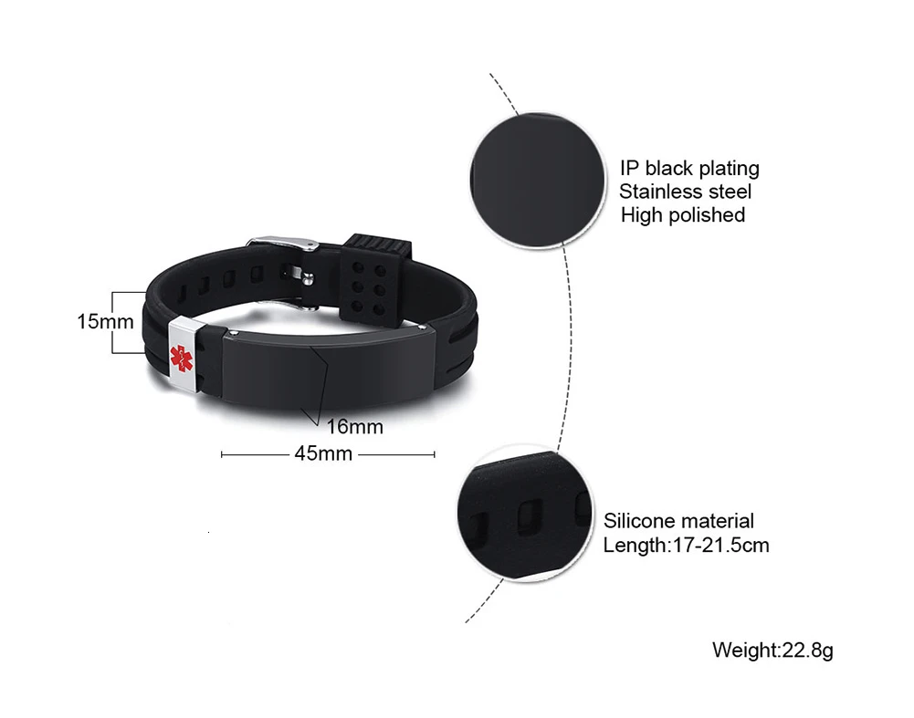 Наручные ID силиконовый браслет медицинский 16 мм бирка персонализированный браслет в черном