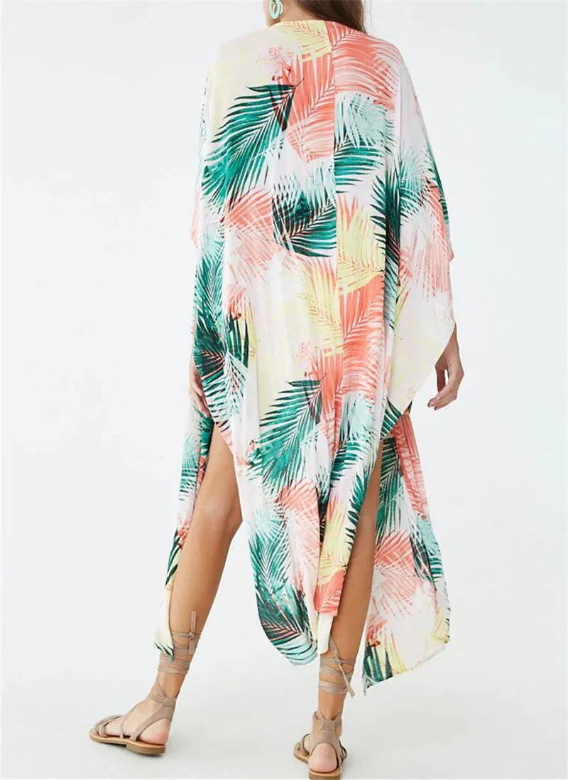 Saida de praia, модное пляжное бикини, накидка для женщин, пляжная одежда, разноцветный Тропический Принт, до лодыжки, кимоно, кардиган, N600