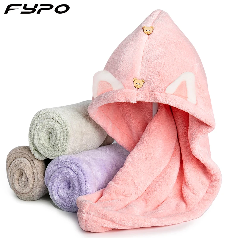 Soft Microfiber Cute Cat Ear Hair Drying Cap Super Absorbent Quick Drying Hair Towel Wrap With Coral Fleece For Womens Girls Ladies Bath Accessories pink