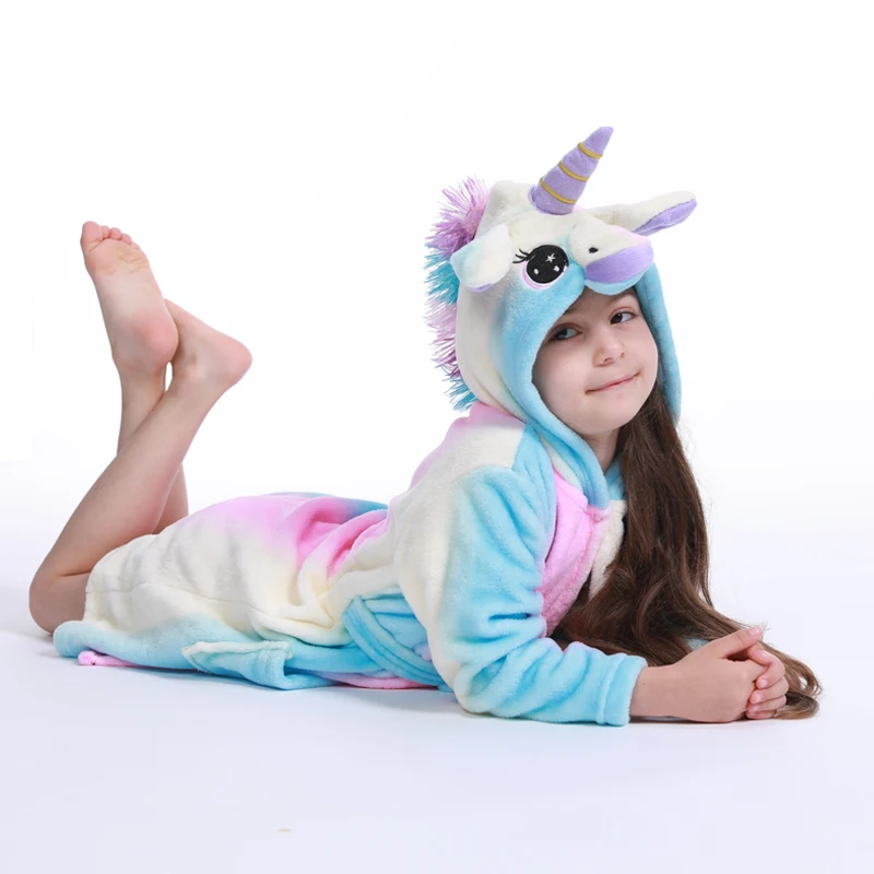 Зимние Детские Банные халаты Kigurumi с капюшоном и единорогом; банный халат с радугой; пижамы для мальчиков и девочек; ночная рубашка; детская одежда для сна - Цвет: Rainbow Pegasus