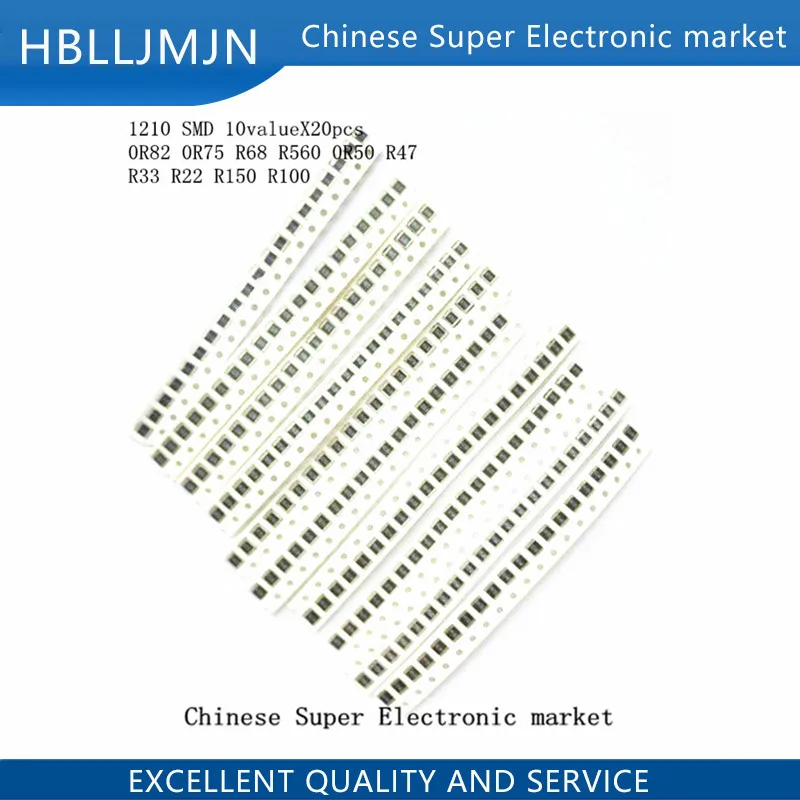 200 шт. набор резисторов SMD 5% 1210 10 valueX20pcs = 0R82 0R75 R68 R560 0R50 R47 R33 R22 R150 R100 | Электронные