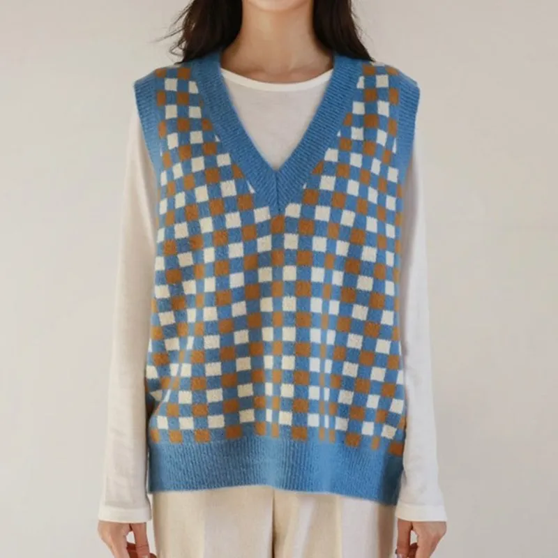 Осень Для женщин ромба жилеты Винтаж с v-образным вырезом без рукавов Вязанный жилет Повседневное теплые свободные топы