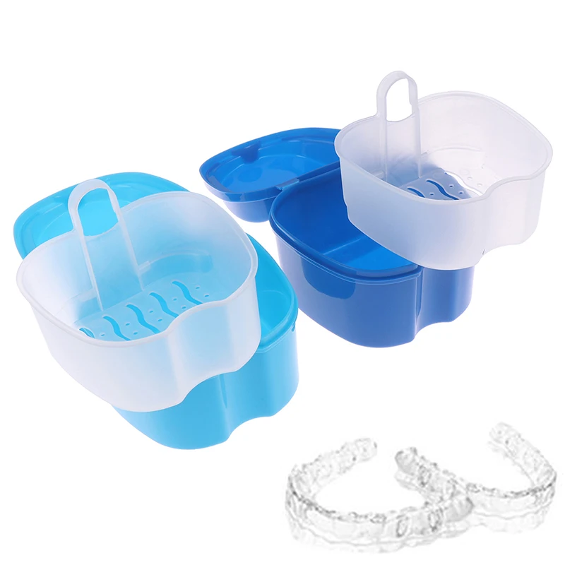 1pcs Denture Bath Box Cleaning Teeth Case Dental Retainer Denture Storage Box With Hanging Net Container Denture Boxs