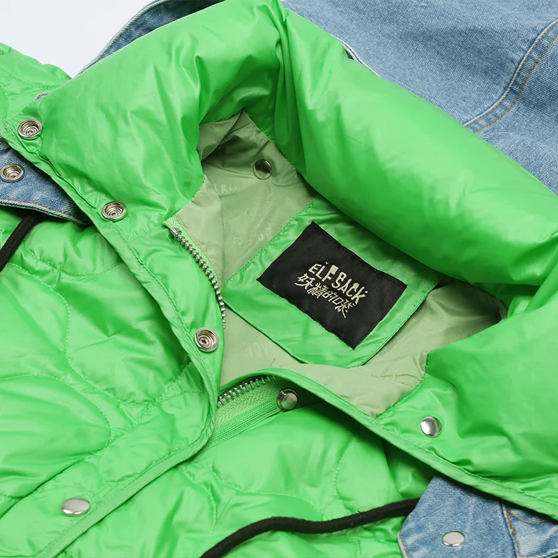 ELFSACK, зеленое однотонное геометрическое лоскутное теплое пальто с капюшоном для женщин, зимняя прямая Свободная Женская верхняя одежда с завязками