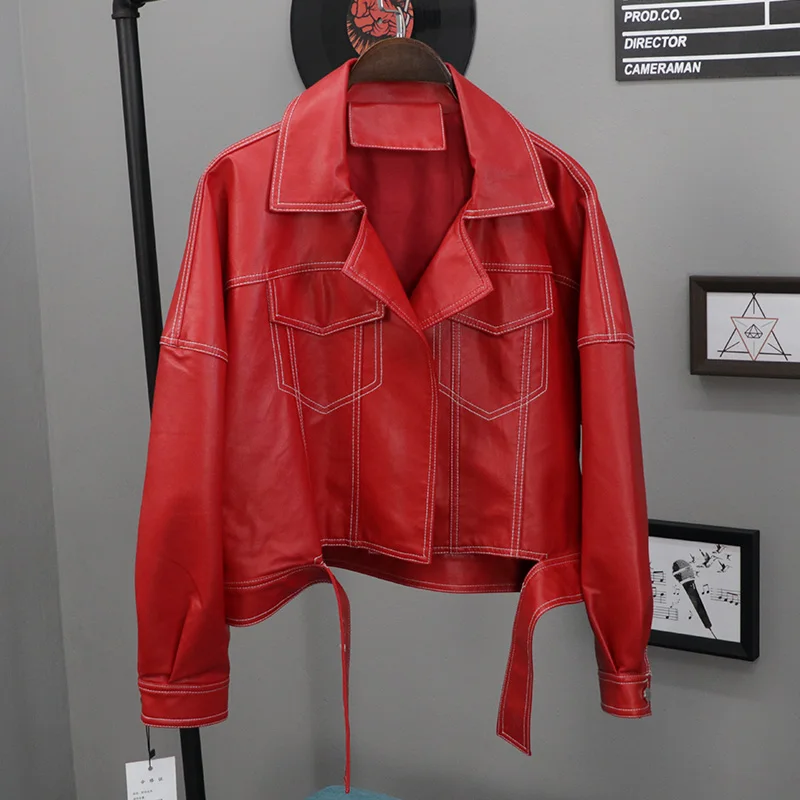 Красный Осенняя куртка из искусственной кожи для женщин, свободный отложной воротник, однобортные мотоциклетные кожаные куртки - Цвет: Красный