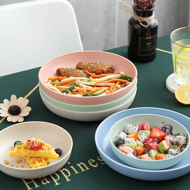 

6&8 Inch Deepen Wheat Straw Plastic Disc Household Tableware Creative Large Dish Plate Japanese Fruit Pastry Snack Plate