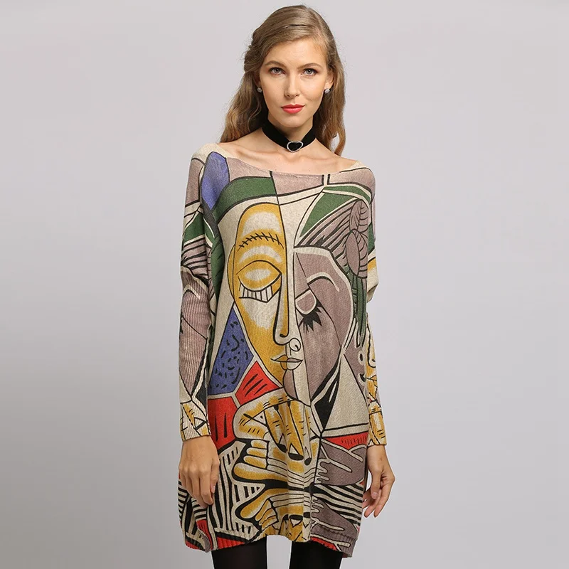 Women Oversized Sweater Printed Long Batwing Sleeve Pullovers and Sweaters Womens O Neck Knitted Casual Clothes | Женская одежда
