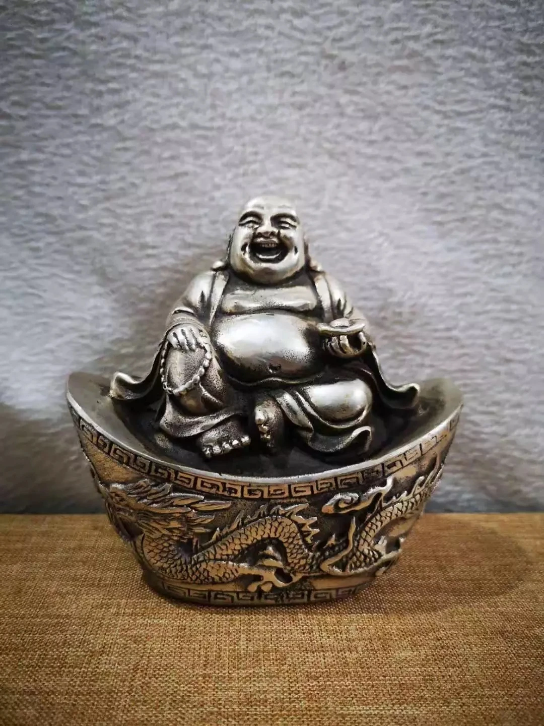 Estatua China Budista Miao Risa Feliz De Maitreya Plata Buda Fengshui Yuanbao Riqueza Metal Artesania.