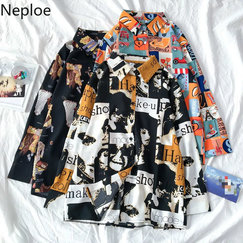 Neploe Retro Harajuku Style Unisex Print Blouse Women Turn Down Collar Long Sleeve Single Breast Blusas Loose Wild Shirt 49375 Neploe Retro Harajuku Style Unisex Print Blouse Women Turn Down Collar Long Sleeve Single Breast Blusas Loose Wild Shirt 49375