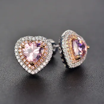 

STUD EARRINGS FOR WOMEN S925 STERLING SILVER FINE JEWELRY PINK LOVE HEART BRINCOS BRIDAL WEDDING ENGAGEMENT ROMANTIC BIJOUTERIE