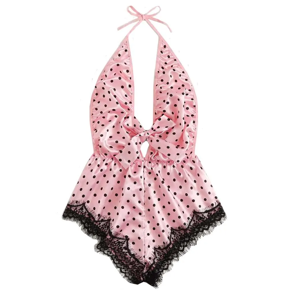 Милый сексуальный женский комбинезон в горошек с принтом розовый лоскутный комбинезон кружевное женское белье боди костюм с открытой спиной Шелковый комбинезон - Цвет: Pink