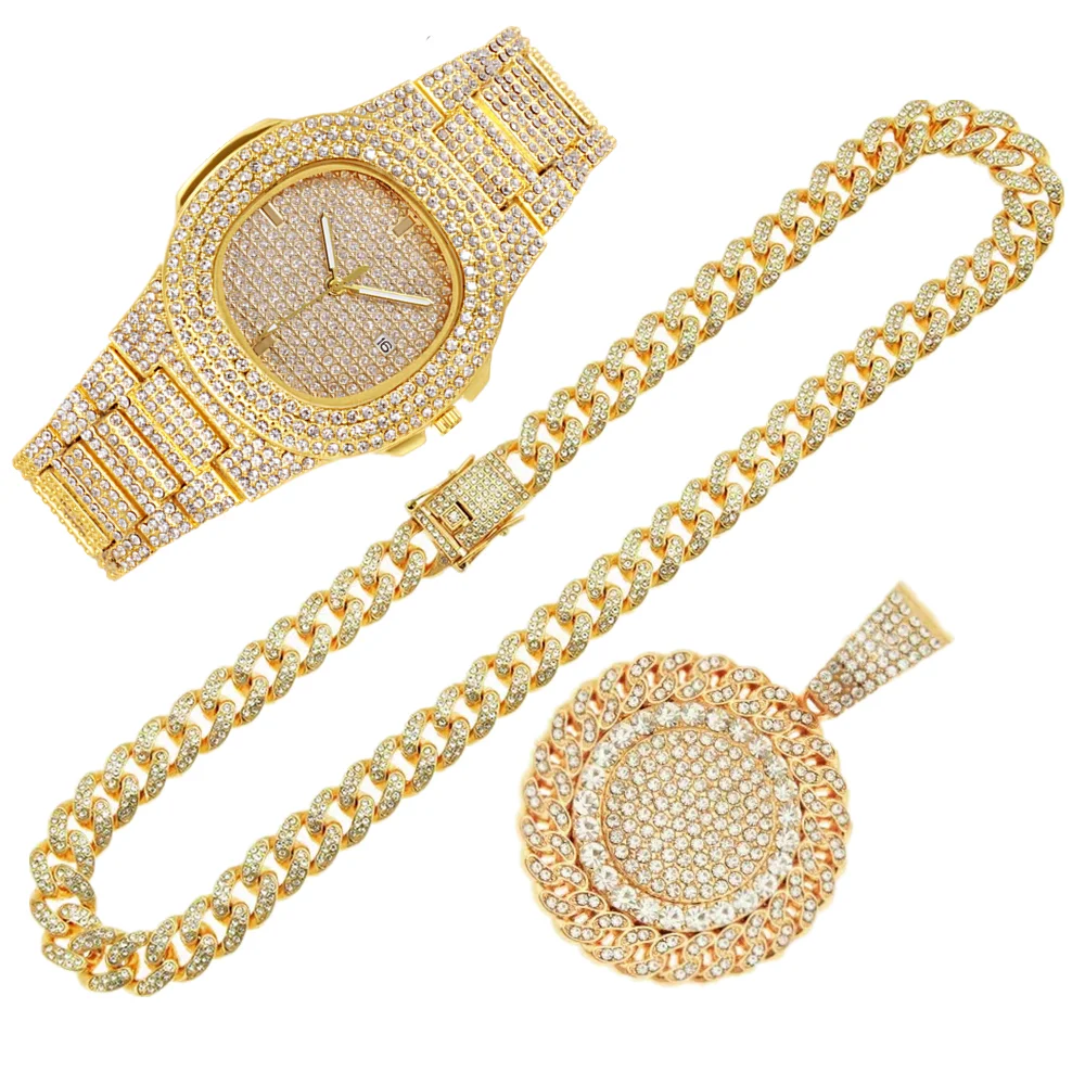 2pcs/set Iced Out Watches Necklace AAA+ Rhinestone 13MM Full Miami Curb Cuban Chains CZ Bling Gold Watch for Men Jewelry Clock metal watch display holder pu leather jewelry organizer display stand for bracelet watches storage rack