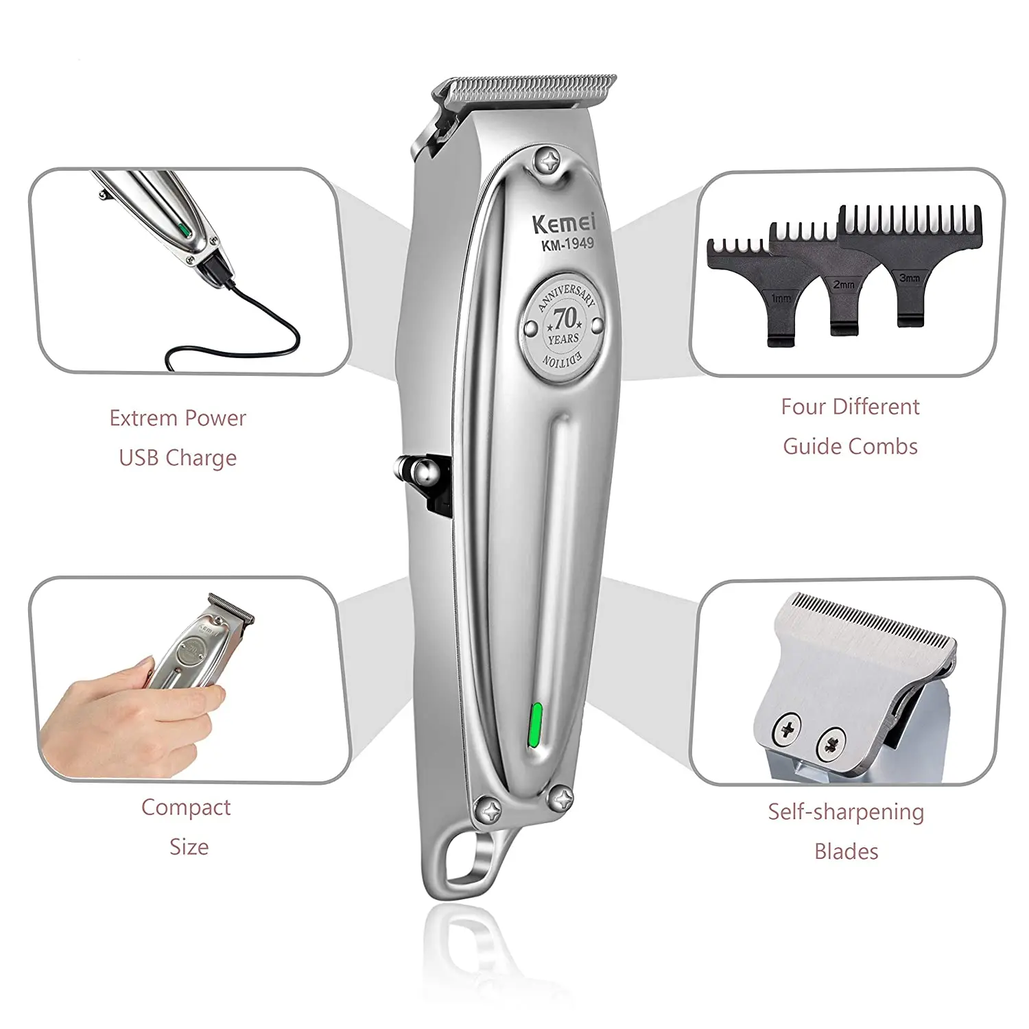 Kemei 1949 Professional Hair Clipper All Metal Men Electric Cordless Hair Trimmer 0mm Baldheaded T Blade Finish Haircut Machine 6