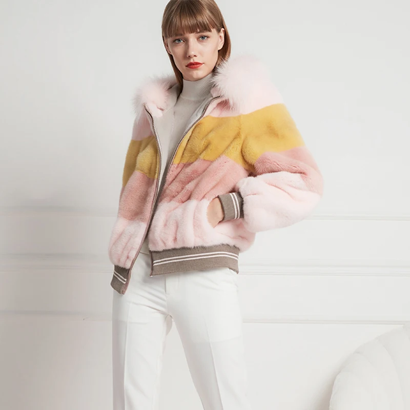 Ftangaiur Winter Import Velvet Mink Coat With Fur Hood Contrast Color Natural Fur Coat Women's Short Real Mink Fur Coats