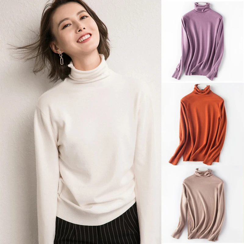 Suéter coreano de punto para mujer, Jersey elástico liso, elegante, informal, ajustado, de cuello alto, de manga larga, básico, Tops