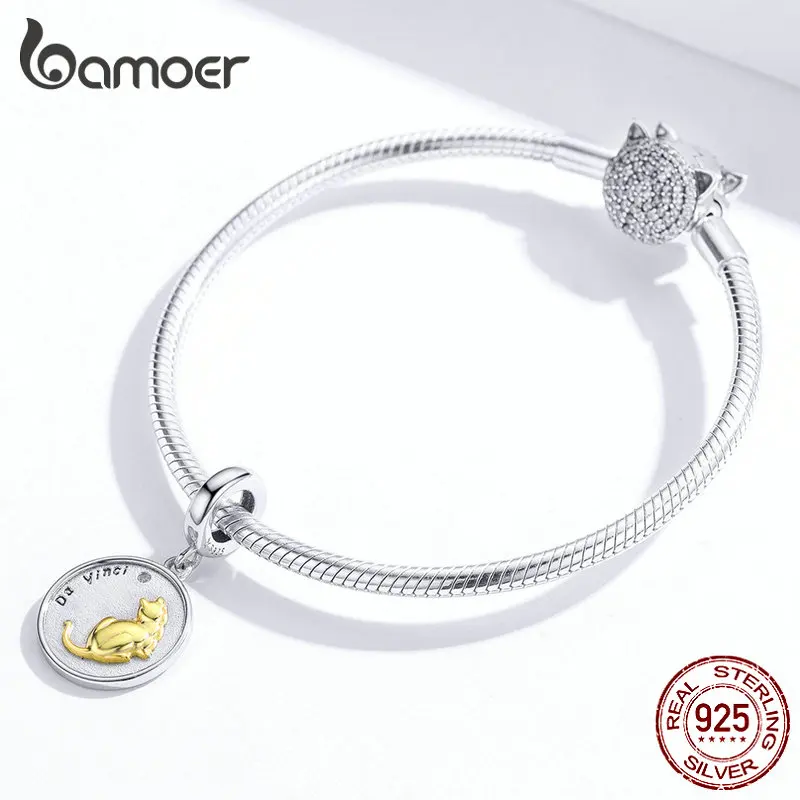 Bamoer 925 пробы серебряный милый кот круглый подвесной амулет подходит 925 браслет для женщин да Винчи модное ювелирное изделие SCC1386