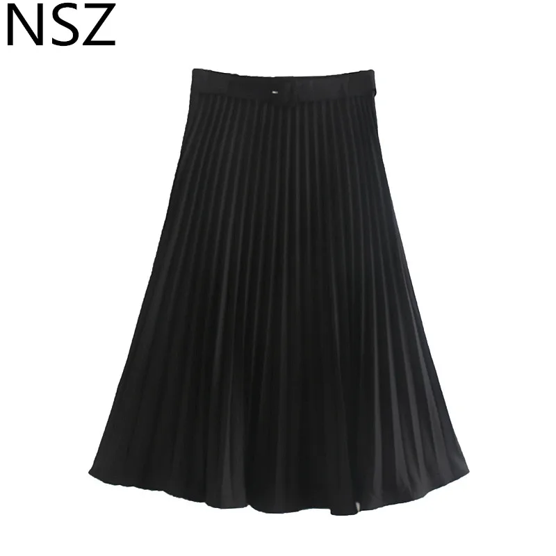NSZ женская черная плиссированная юбка высокая талия с поясом длинные макси юбки элегантные модные faldas mujer