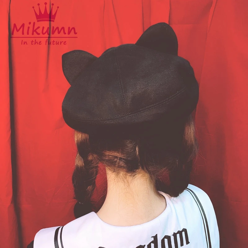 Японский Harajuku милая девушка кошка уха вышивка шерстяной берет шляпа художника шляпа осень зима