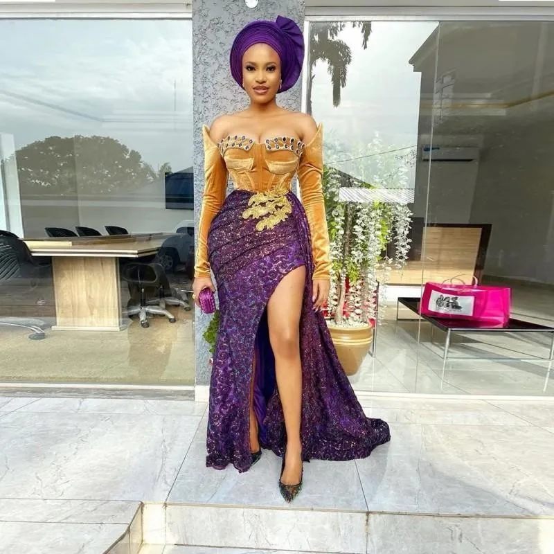 Платье Aso Ebi вечернее с открытыми плечами кружевной аппликацией разрезом сбоку