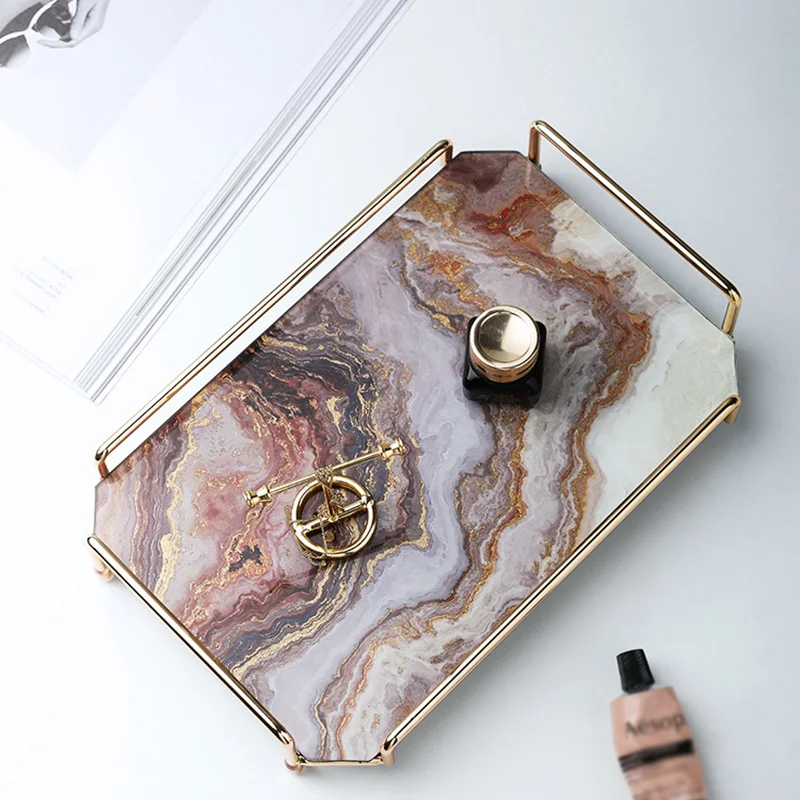 

Trays Serving Tray European Marble Pattern Tea Tray Tray Modern Bedroom Desktop Rack Glass Tea Cup Food Jewelry Cosmetic Storage